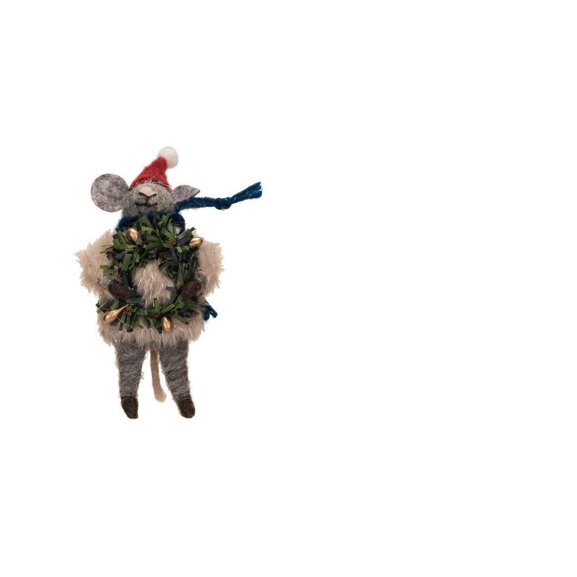 felt mouse ornament wearing a cream sweater, green scarf, and red hat and holding a holiday wreath