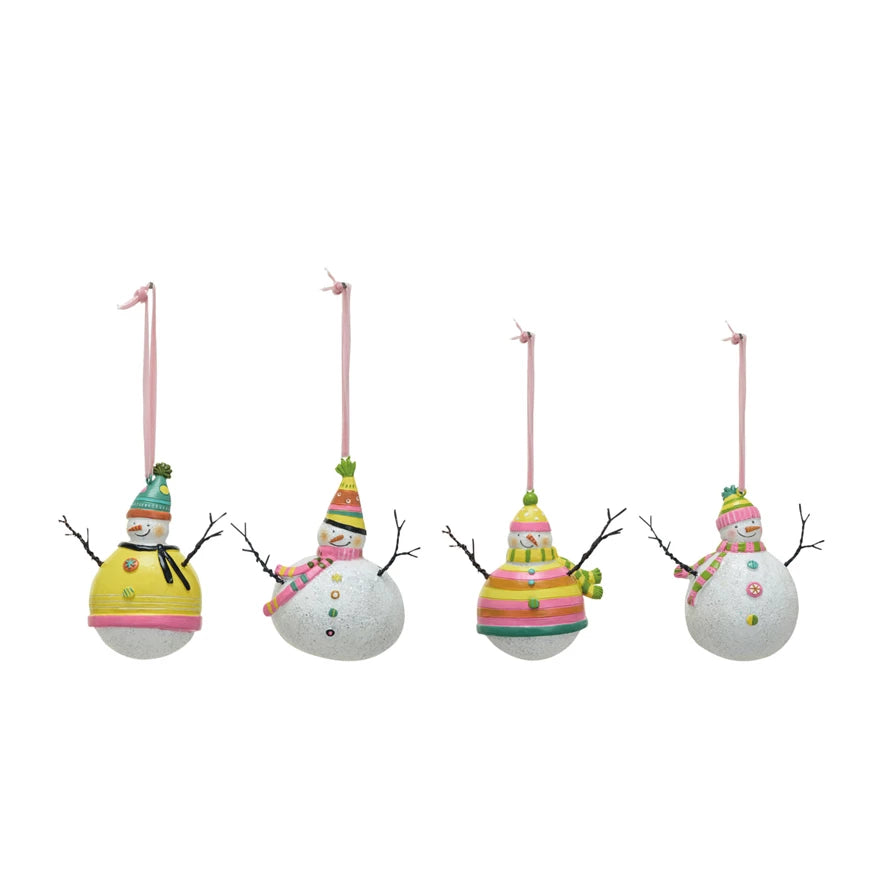 4 styles of snowman ornaments in a row on a white background.