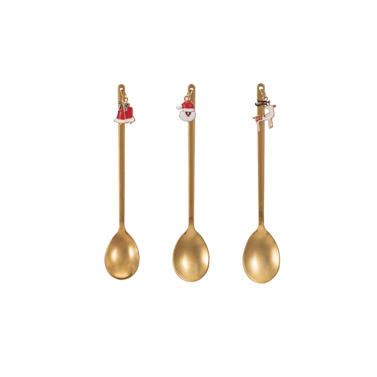 3 styles of holiday charm spoons in a row on a white background.