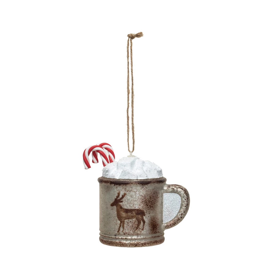 Mug Ornament with Candy Canes on a white background.