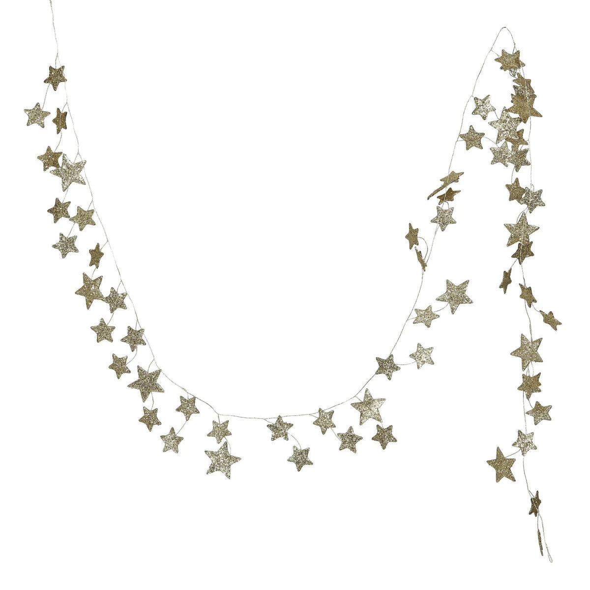 gold star glitter garland draped against a white background