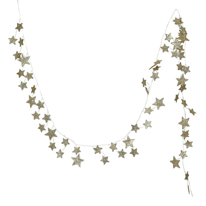 gold star glitter garland draped against a white background