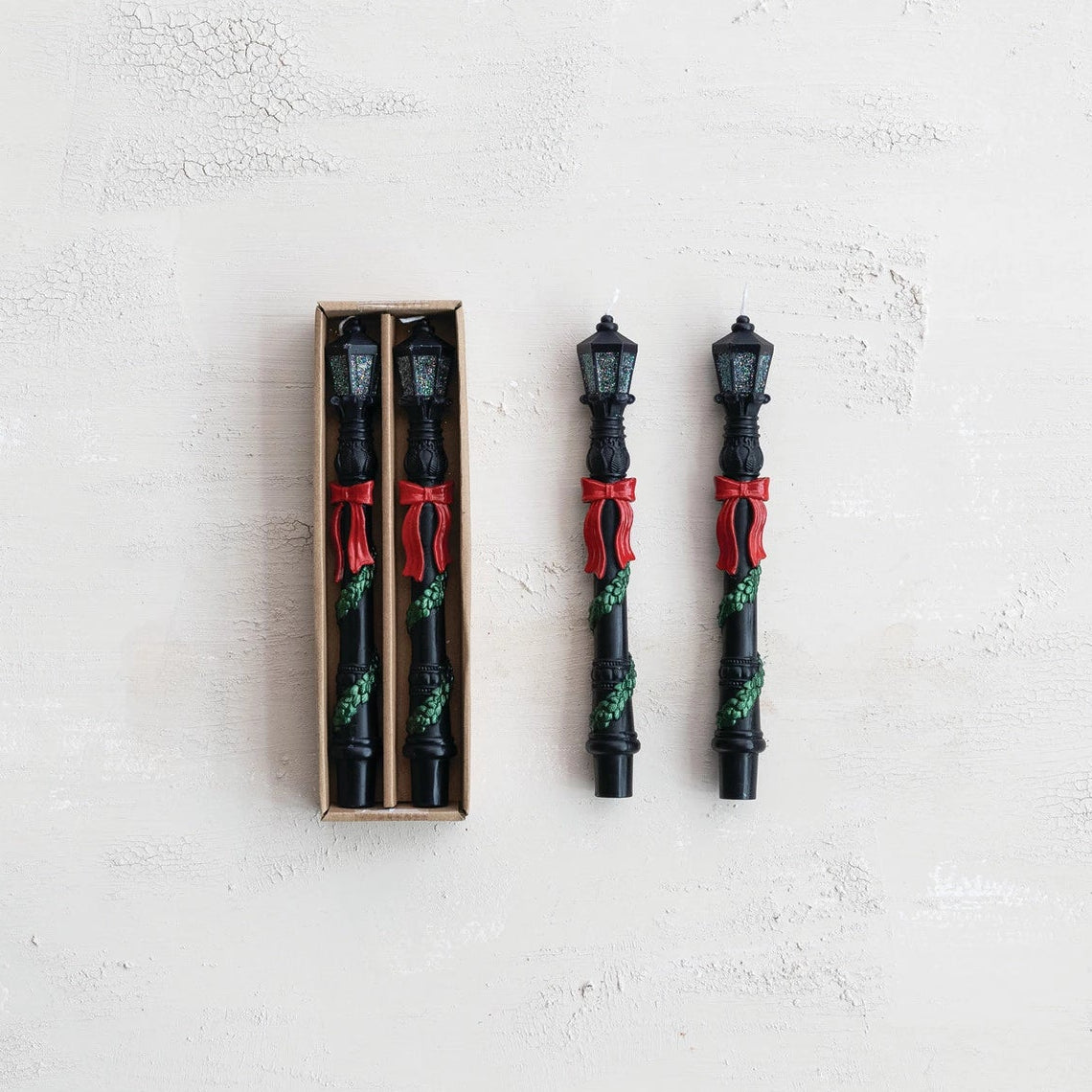 Lamp Post Shaped Taper Candles shown both in their box and out of the box