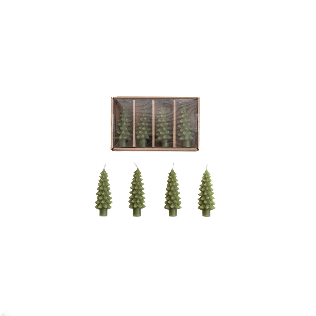 4 tree shaped candles in their box above 4 tree shaped candles in a row