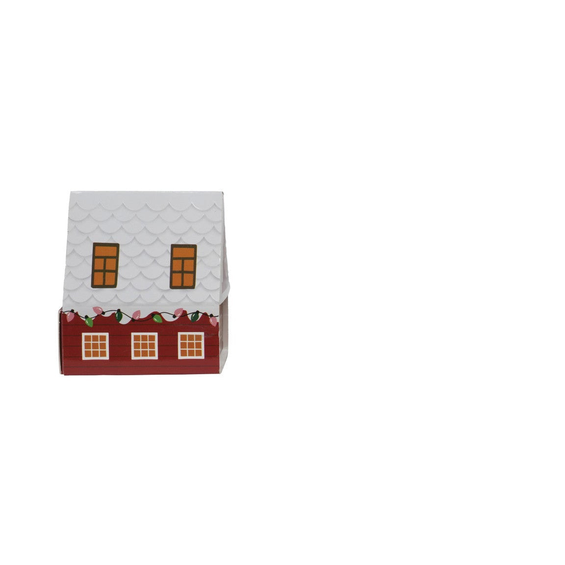 red house shaped match box with christmas decoration printed on it
