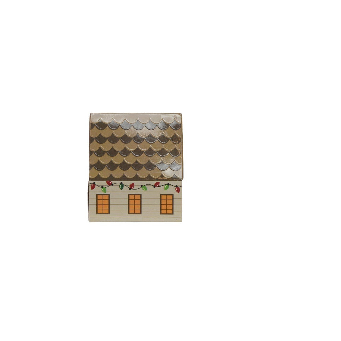 cream colored house shaped match box with christmas decoration printed on it