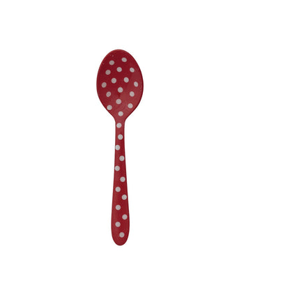 small metal spoon enameled in red with white dots