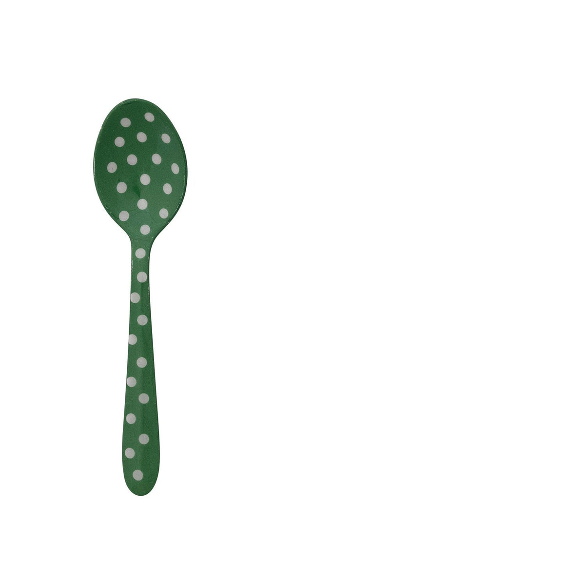 small metal spoon enameled in green with white dots