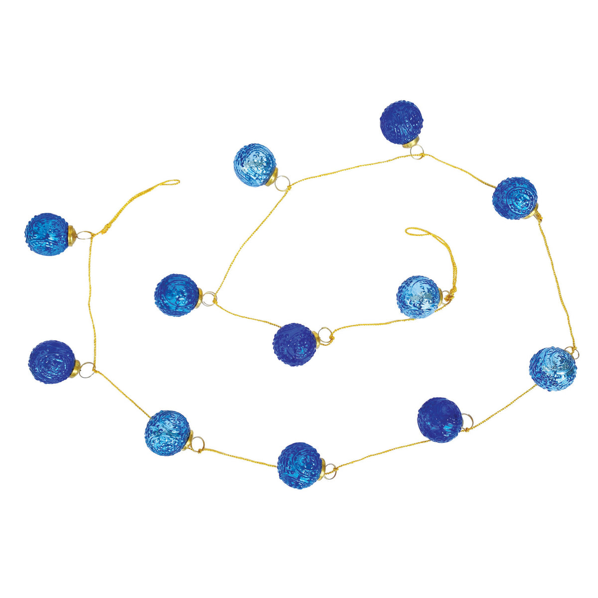 blue ornament garland draped on a white background