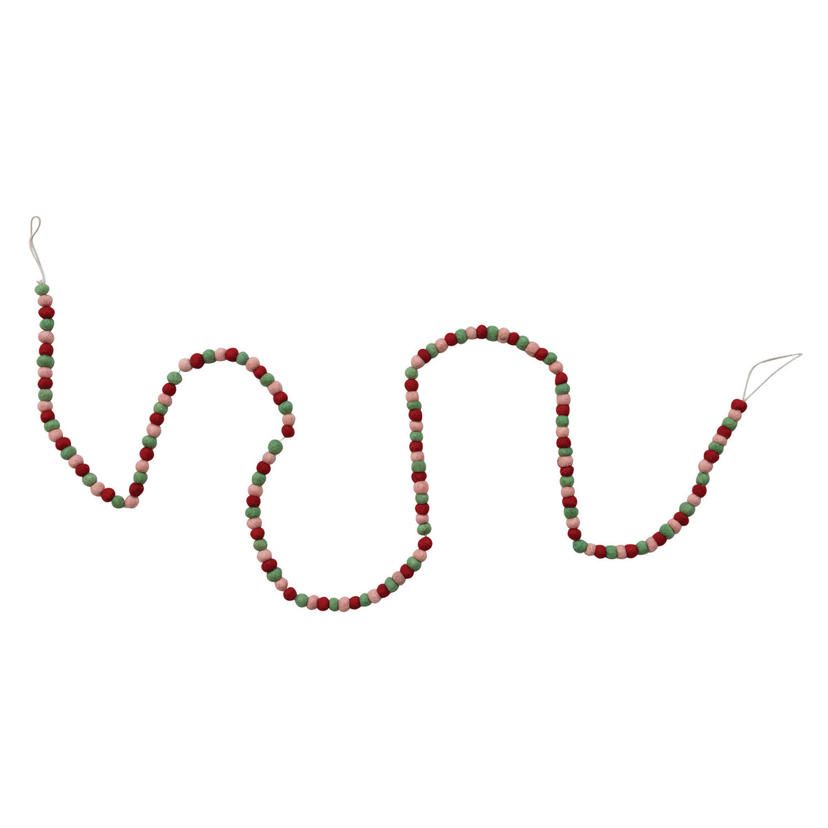 felt ball garland featuring red, green, and pink colors shown on a white background