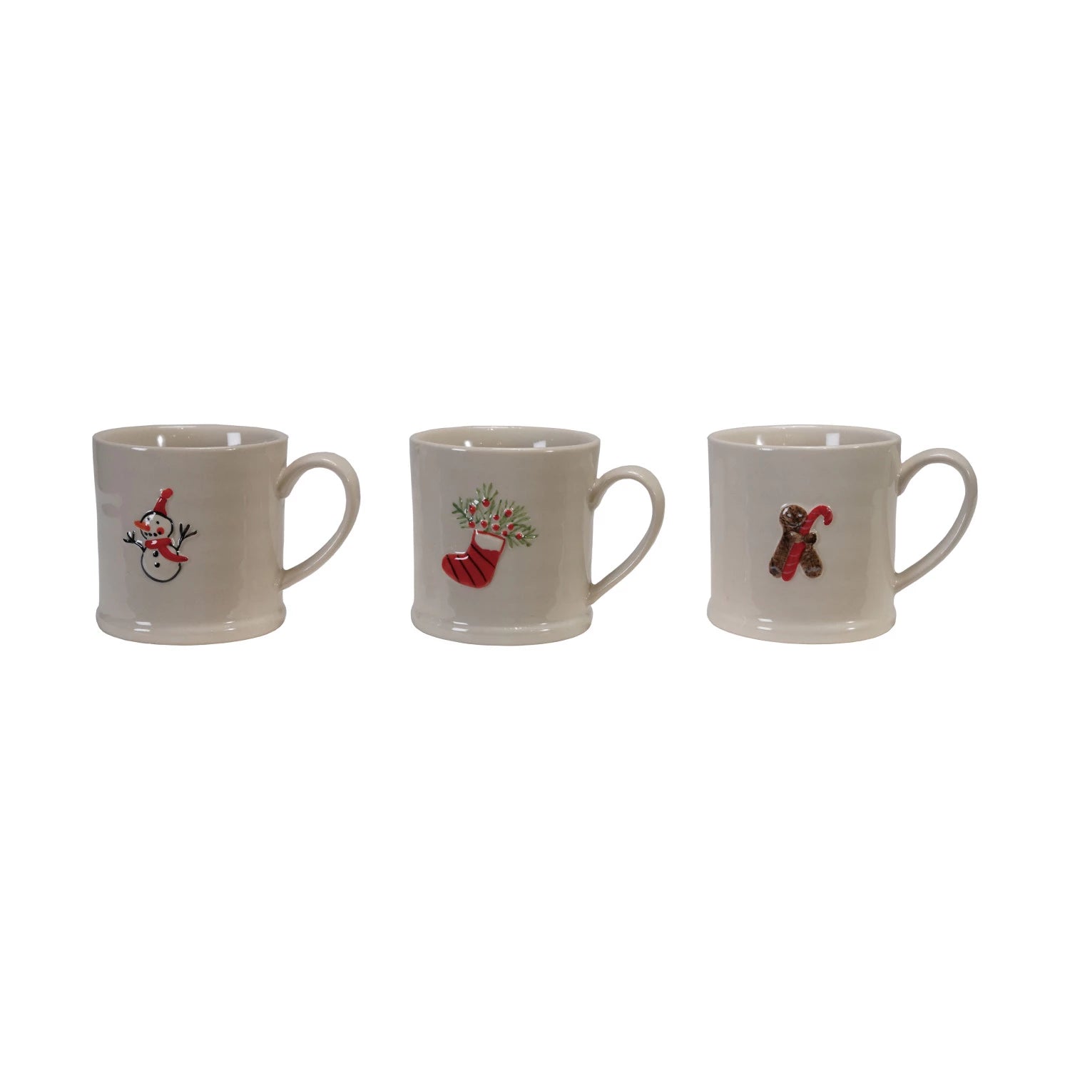 Embossed Stoneware Holiday Mugs in a row on a white background