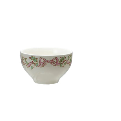 small white bowl with holy and pink bow design around the outer rim