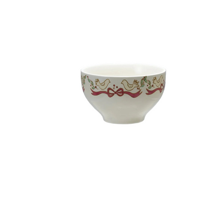small white bowl with red bow and bird design around the outer rim