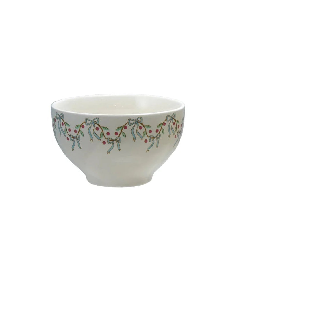 small white bowl with holly and blue bow design around the outer rim