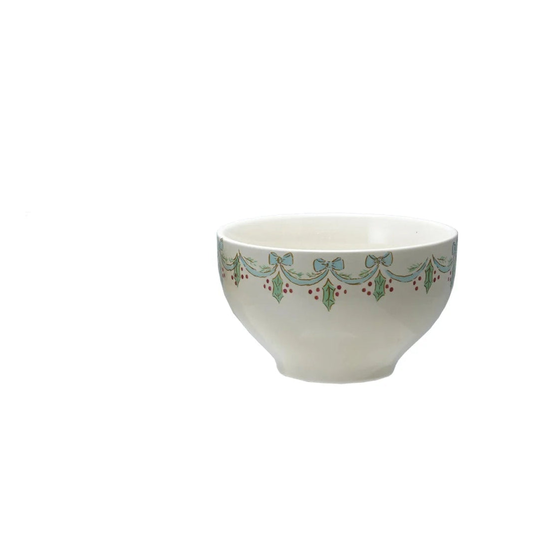 small white bowl with holly and blue bow design around the outer rim