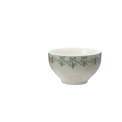 small white bowl with holly and blue bow design around the outer rim