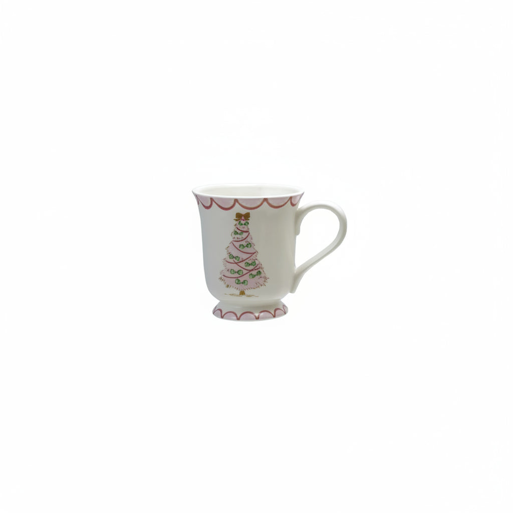 mug with pink tree and green bows