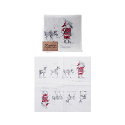 package of Santa & Reindeer Paper Napkins with one napkin unfolded laying below it