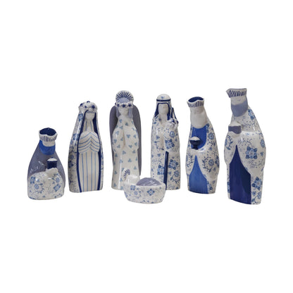 Blue & White Floral Nativity Set in a row on a white background