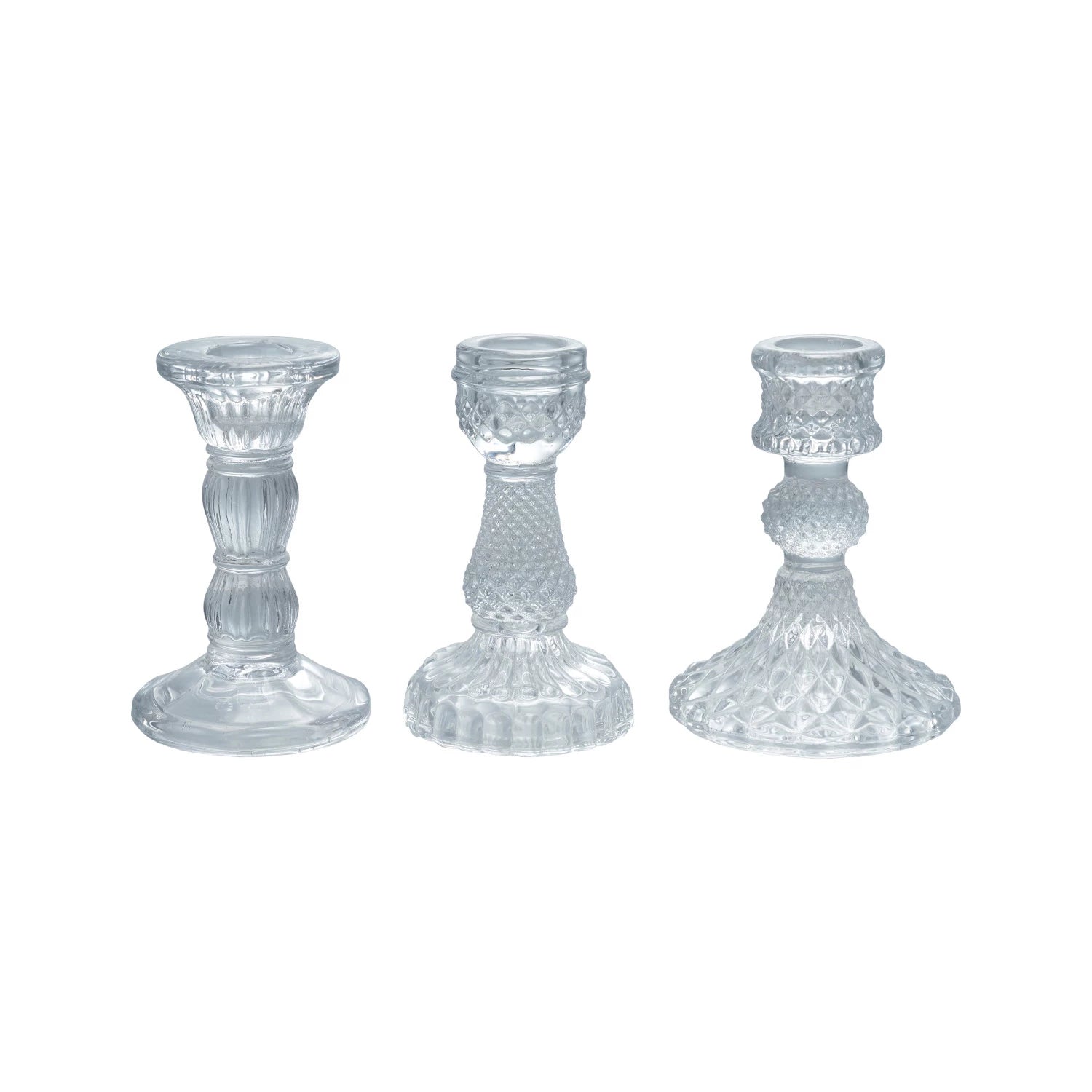 3 Pressed Glass Taper Holders in a row