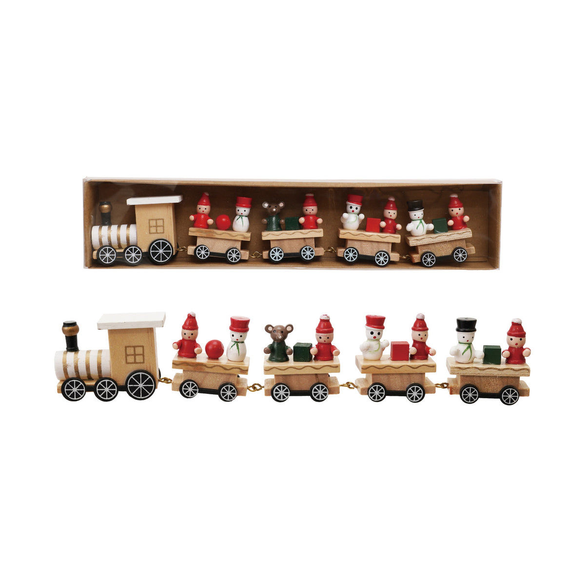 train set in its box and out of its box shown on a white background