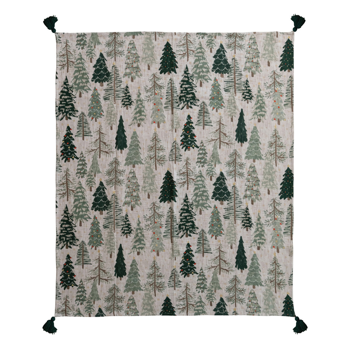 holiday tree patterned thrown blanket  with tassels on the corners laying flat on  a white background