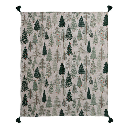 holiday tree patterned thrown blanket  with tassels on the corners laying flat on  a white background