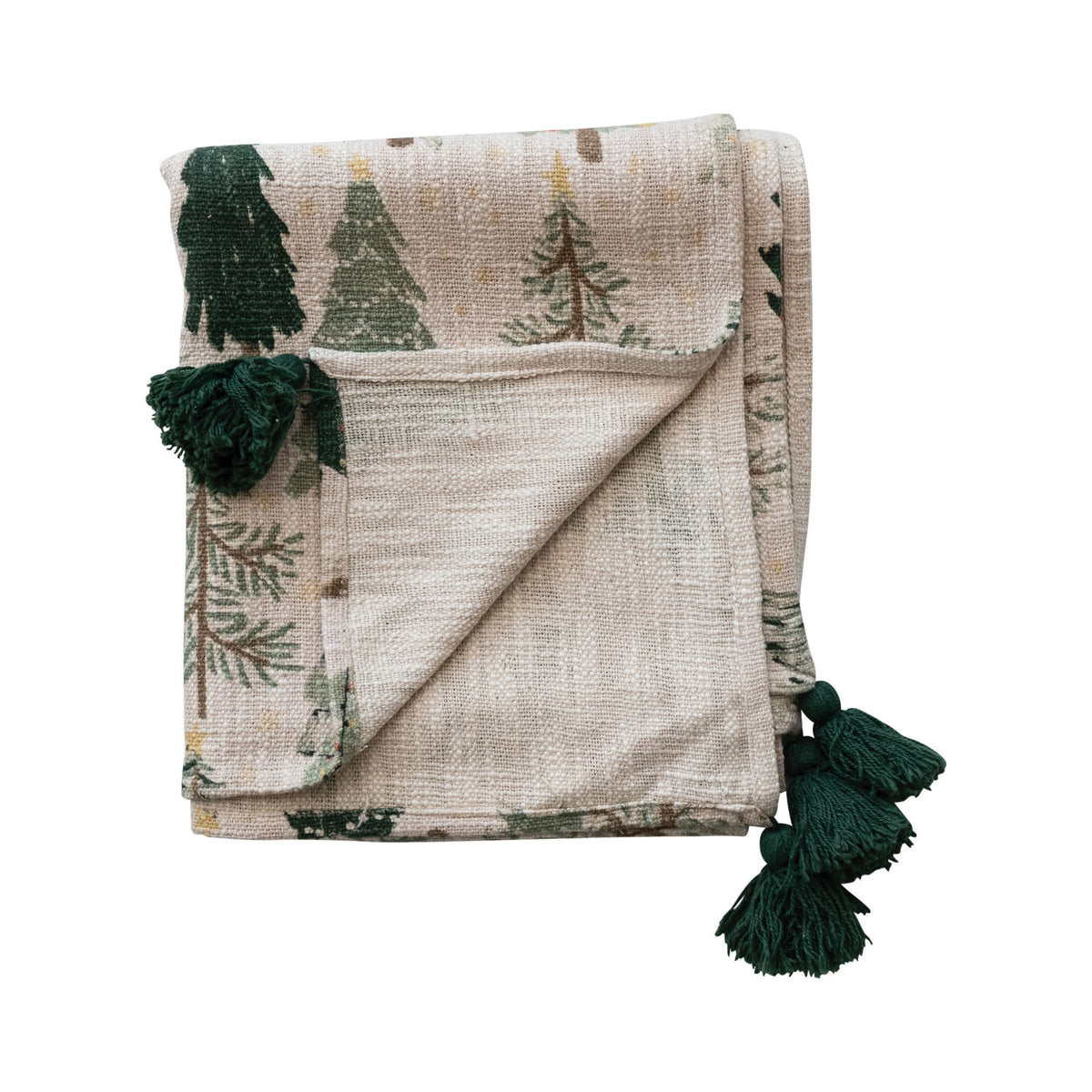 holiday tree patterned blanket folded and shown on a white background