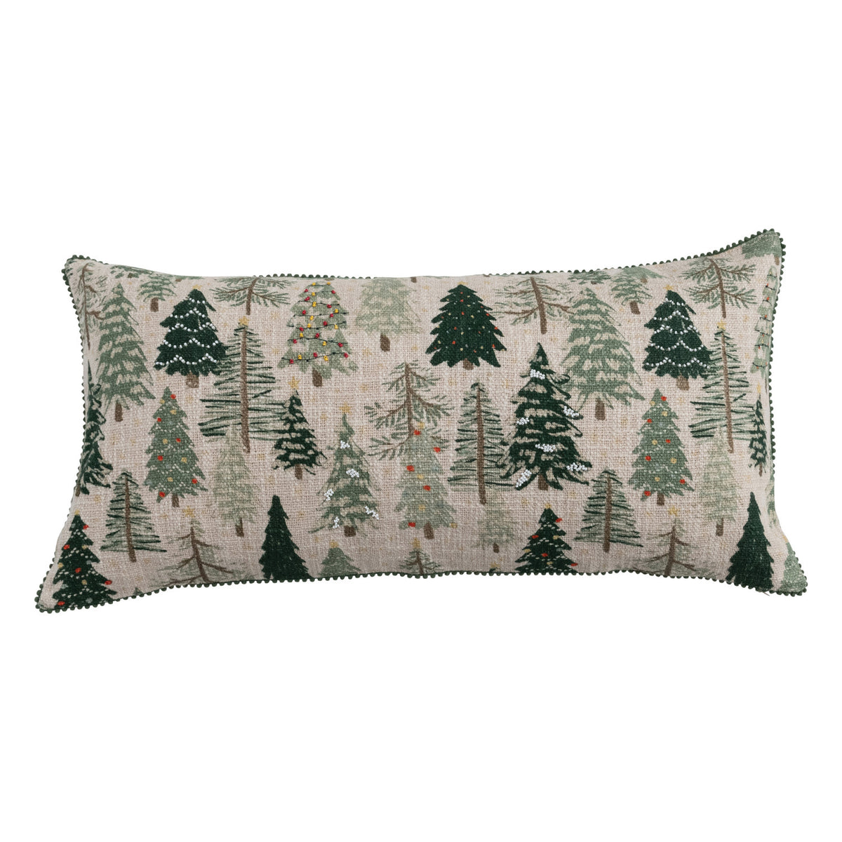 natural colored lumbar pillow covered in a festive holiday trees design
