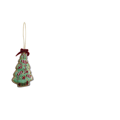 light green velvet tree shaped ornament with candy cane decorations and bow on top