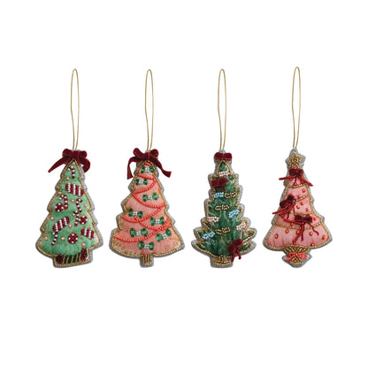 4 styles of Beaded Christmas Tree Ornaments in a row on a white background