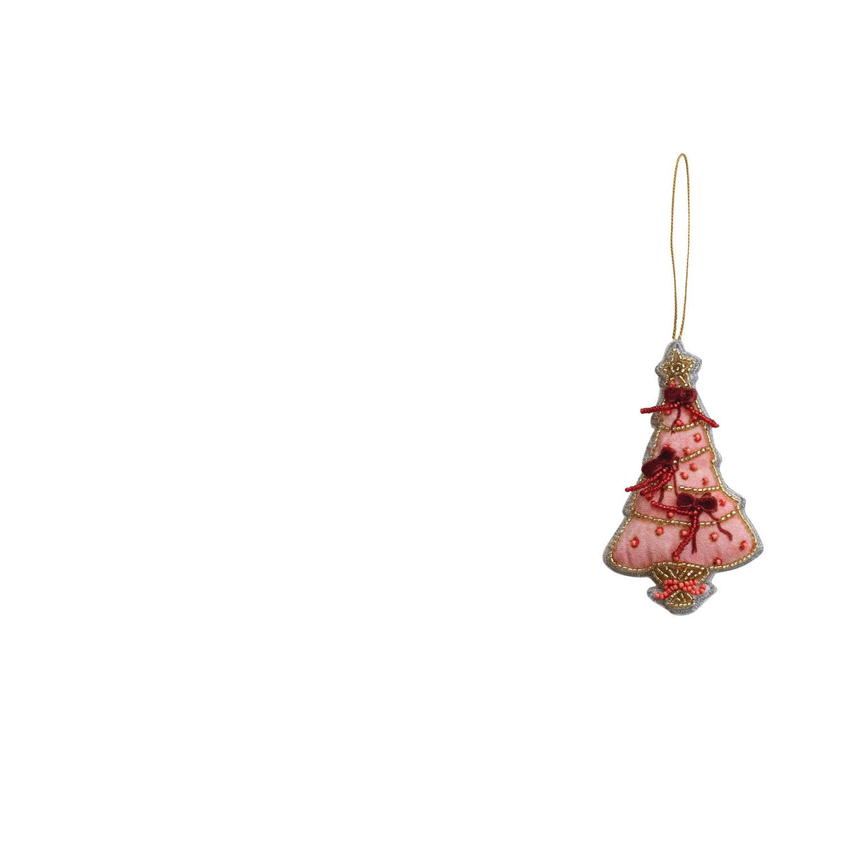 pink velvet tree shaped ornament with bead and bow decorations and star on top