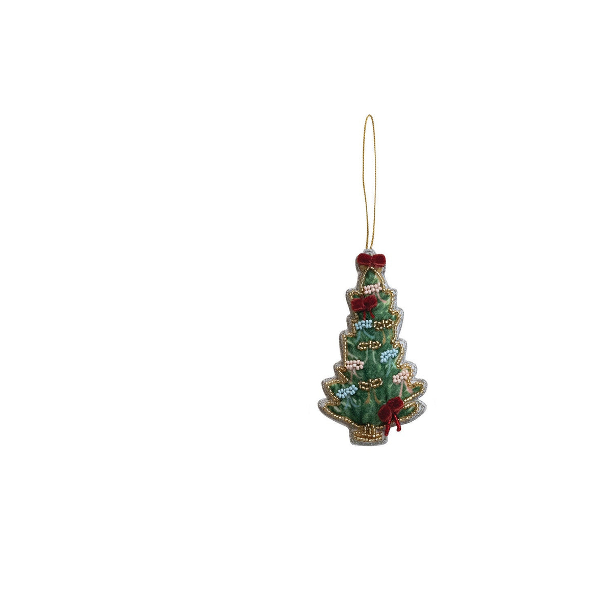 green velvet tree shaped ornament with bead and bow decorations