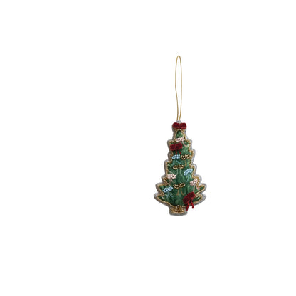 green velvet tree shaped ornament with bead and bow decorations