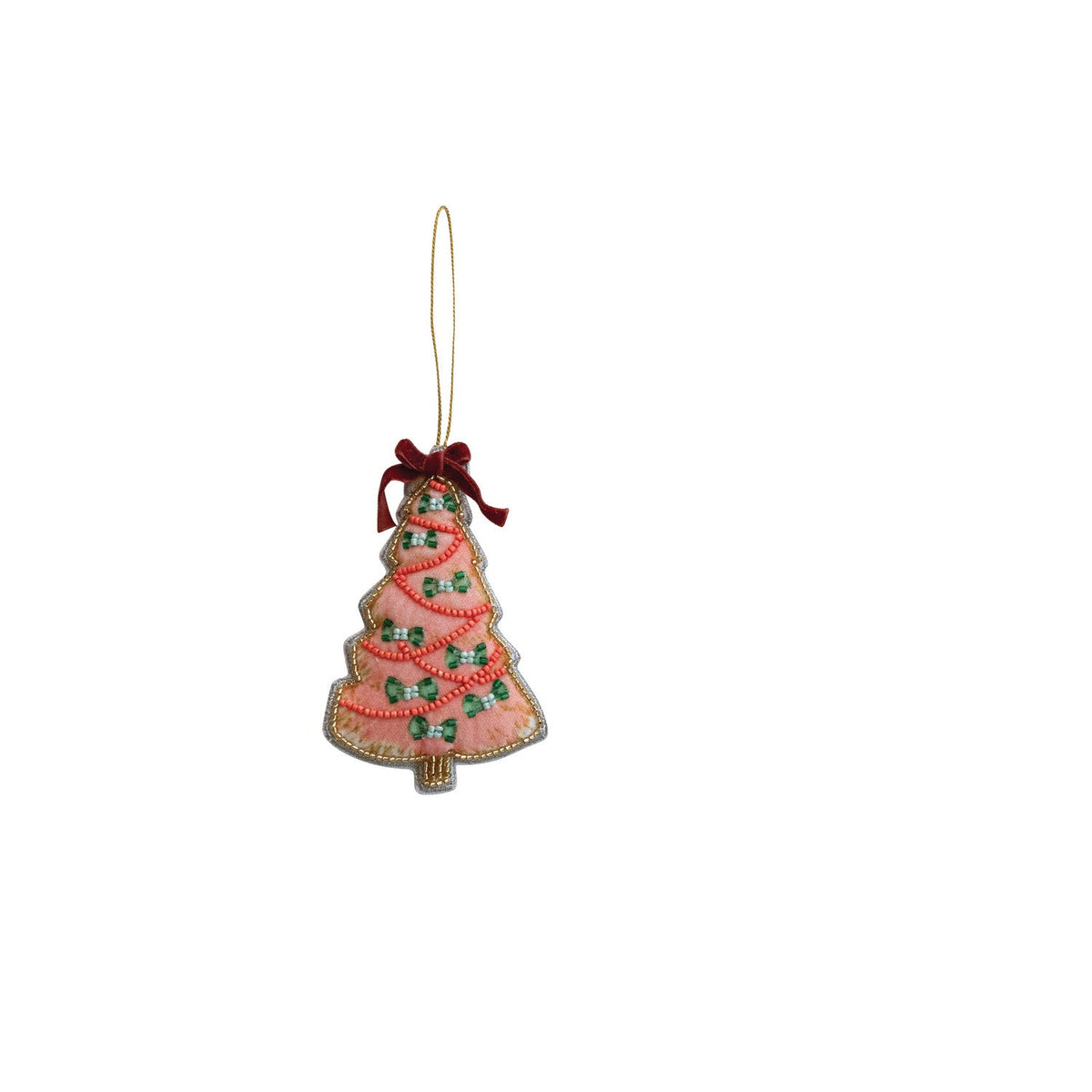 pink velvet tree shaped ornament with beaded decorations and bow on top