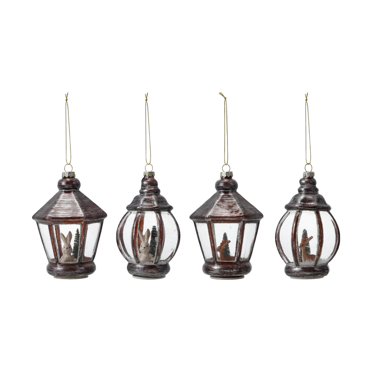 4 lantern ornaments in a row shown on a white background