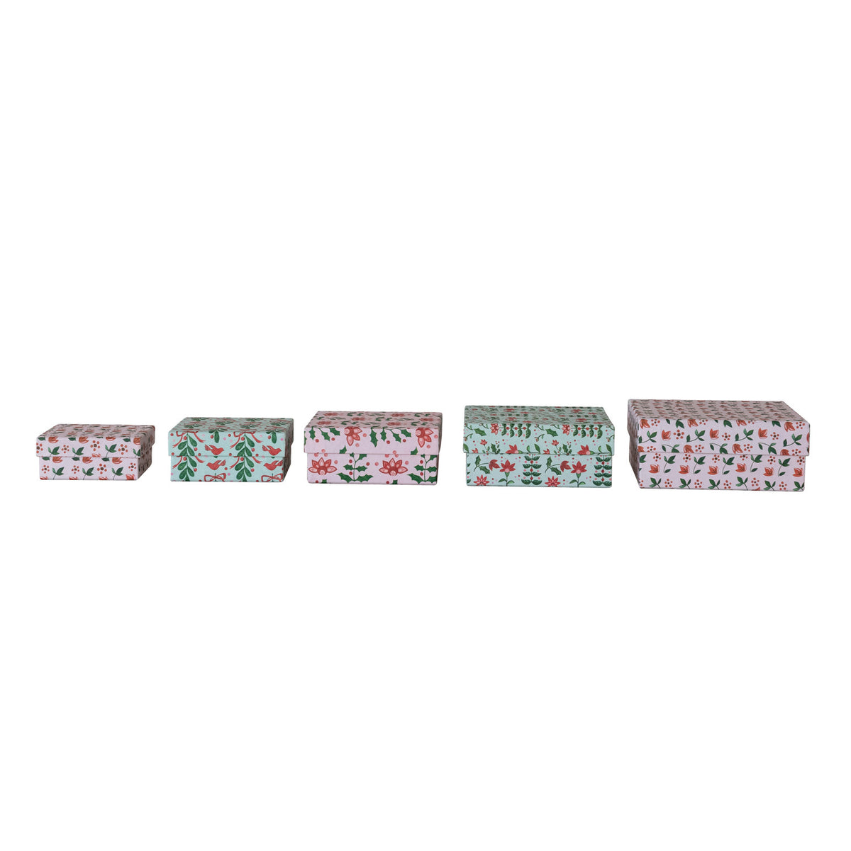 5 paper gift boxes lined up in a row on a white background