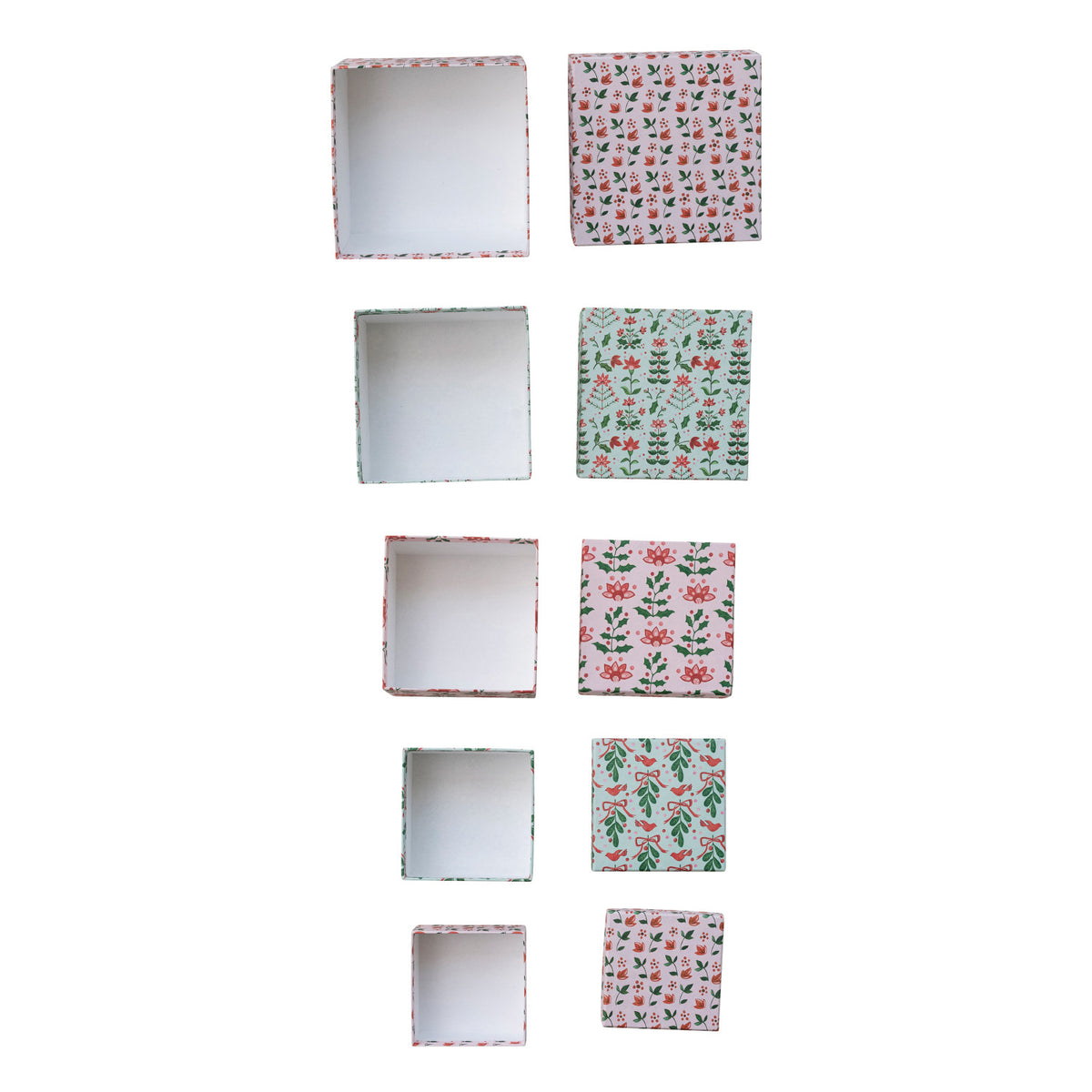 top down view of 5 paper gift boxes open next to their lids