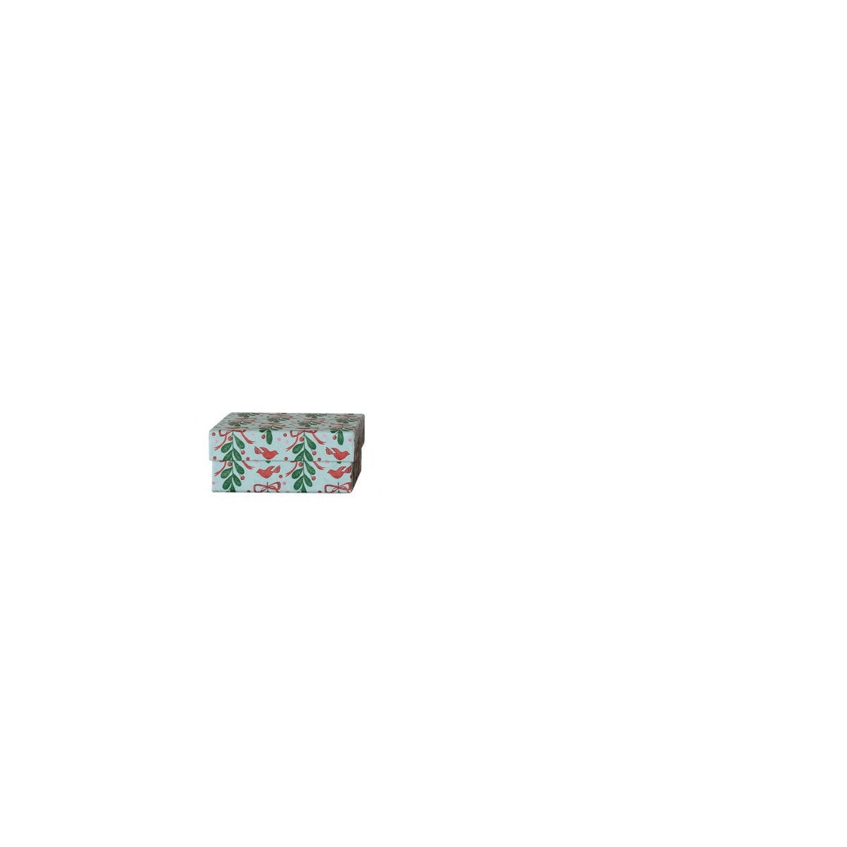 small pale green gift box with greenery and red bird design