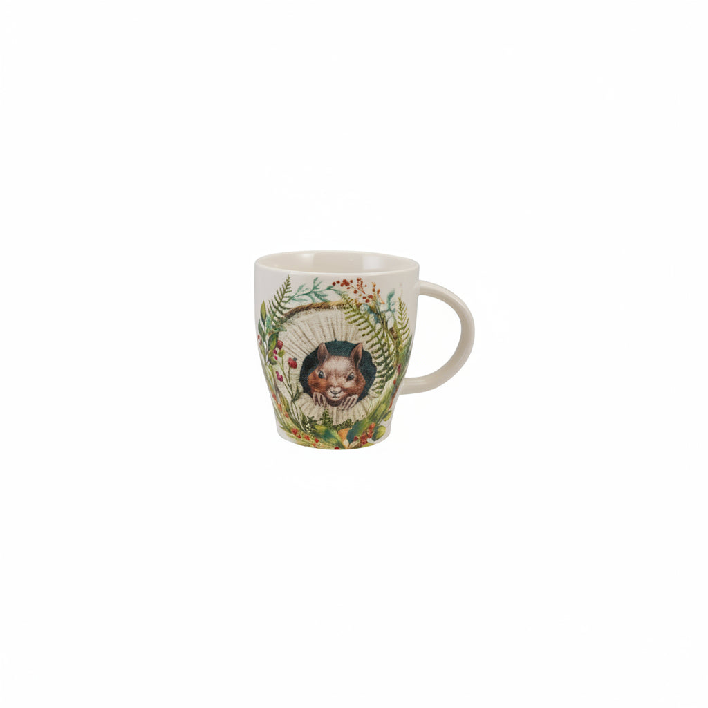 mug with image of a squirrel peeking out of lush greenery on it