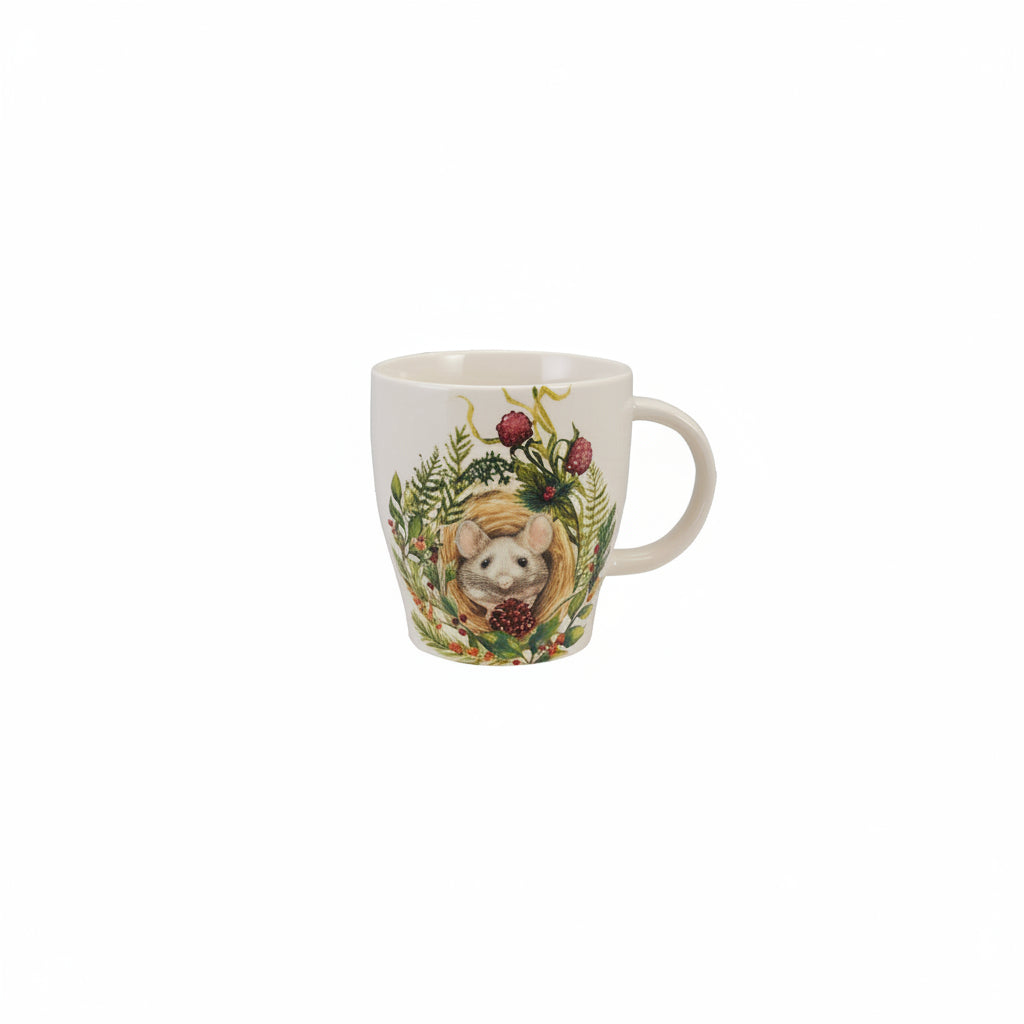 mug with image of a mouse peeking out of lush greenery on it