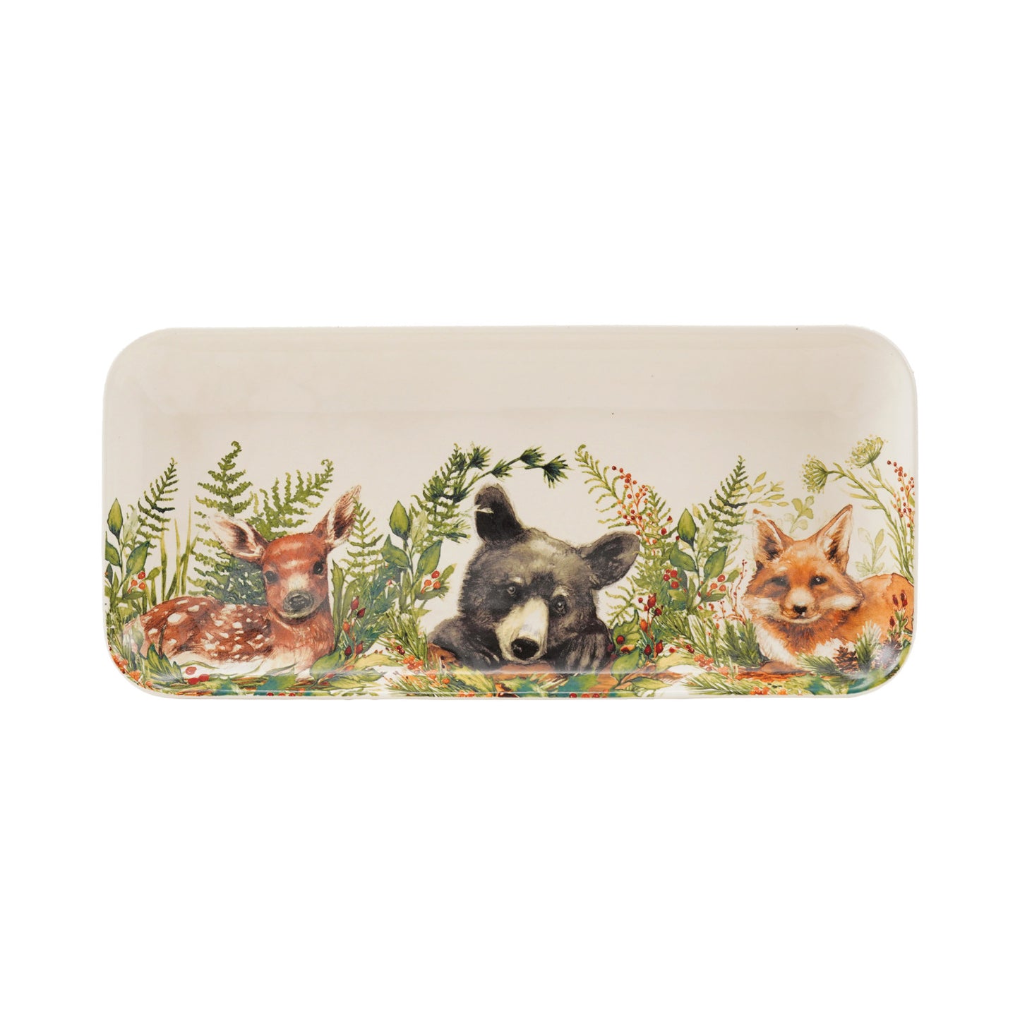 winter woodland animal tray on a white background