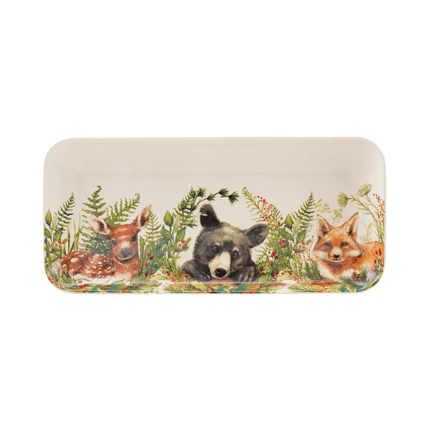 winter woodland animal tray on a white background