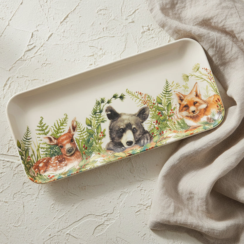 Rectangular glass with forest animal design featuring a bear, deer, and fox on a white plaster background.