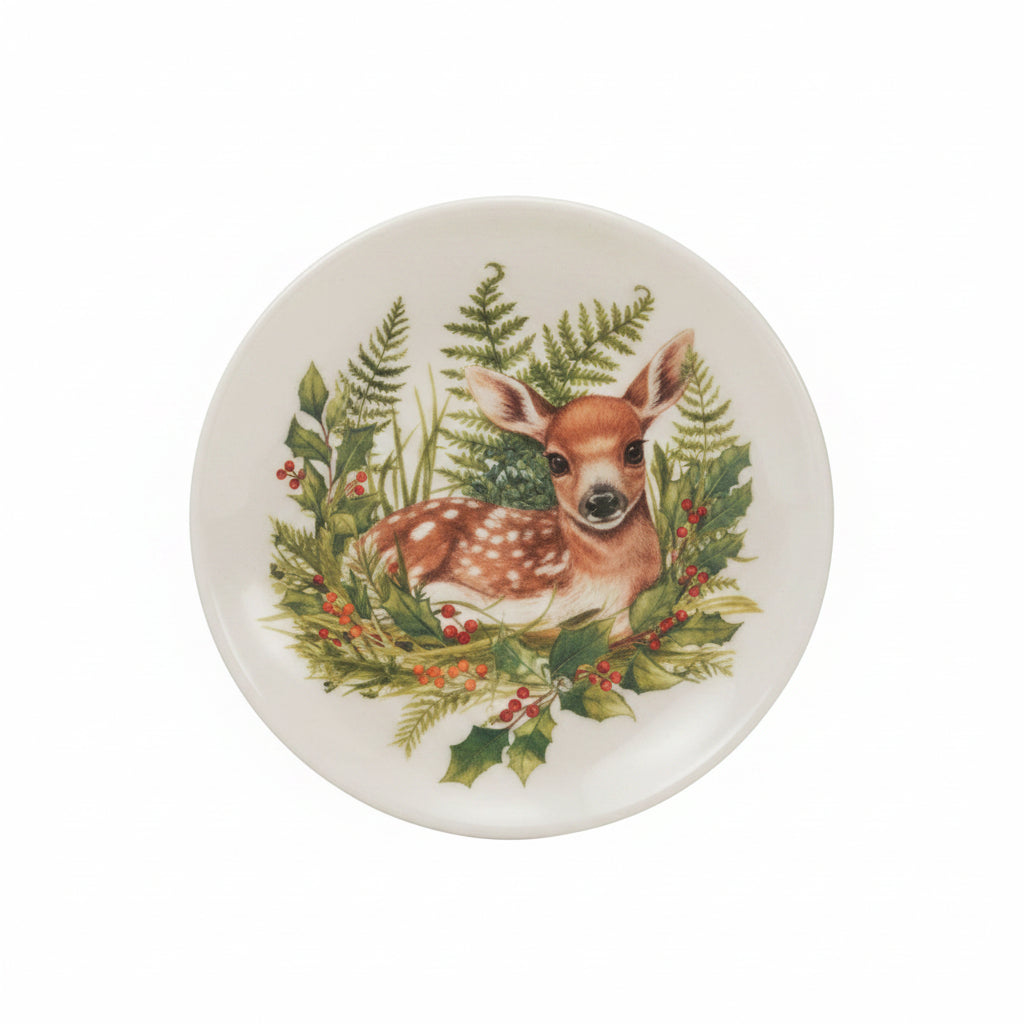 small trinket plate with image of a deer laying down nestled in lush greenery on it