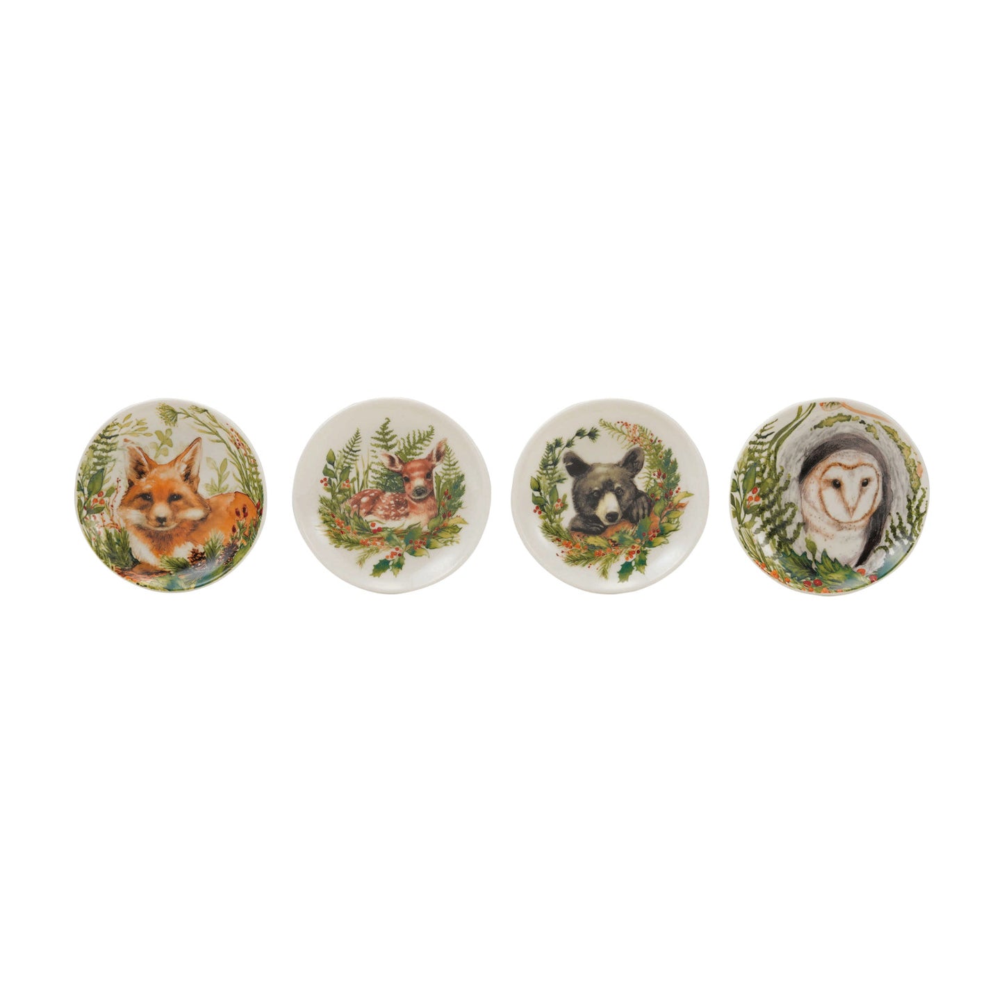 four animal plates in a row on a white background