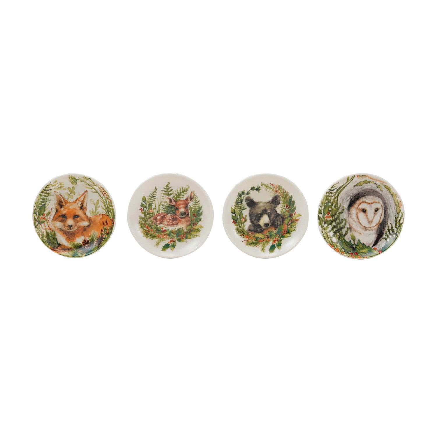four animal plates in a row on a white background