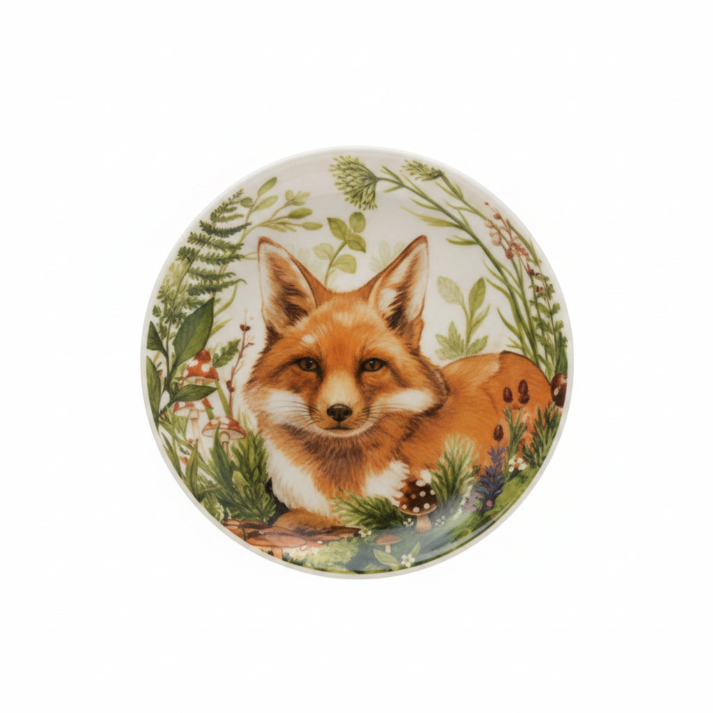 small trinket plate with image of a fox surrounded by lush greenery on it