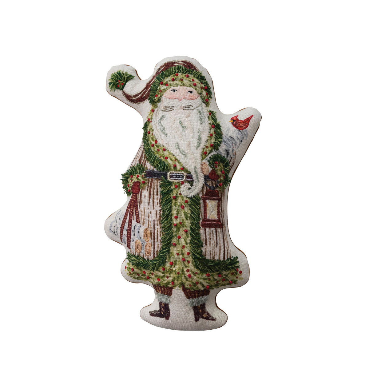 front view of santa shaped pillow on a white background