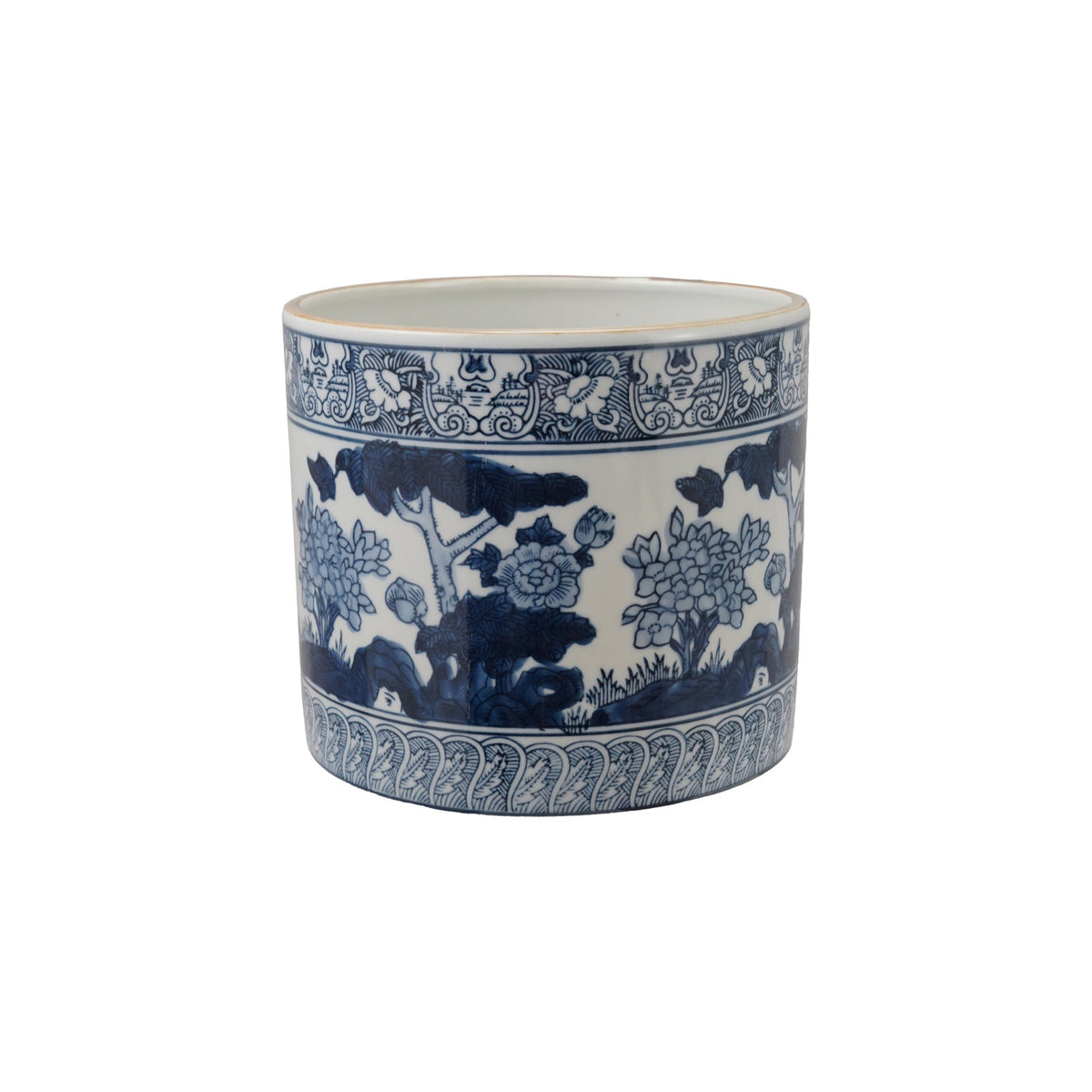 blue and white botanical planter shown on a white background